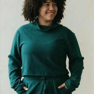 Acacia Top -Organic Cotton Knit Corduroy Top - High Neck crop sweater with texture Emerald