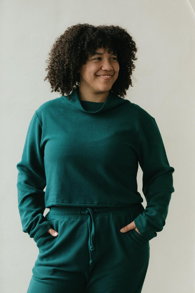 Acacia Top -Organic Cotton Knit Corduroy Top - High Neck crop sweater with texture Emerald