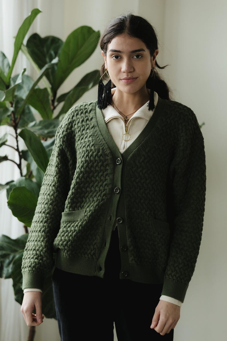 Basketweave Button Down Sweater - one hundred percent organic cotton thick cardigan - pockets image 12