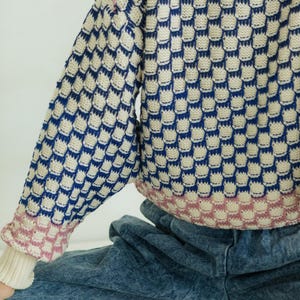 May include: A cream-colored sweater with a blue and cream checkerboard pattern, accented with pink trim on the cuffs and hem. The sweater has long sleeves and a crew neck. The person is wearing blue jeans.