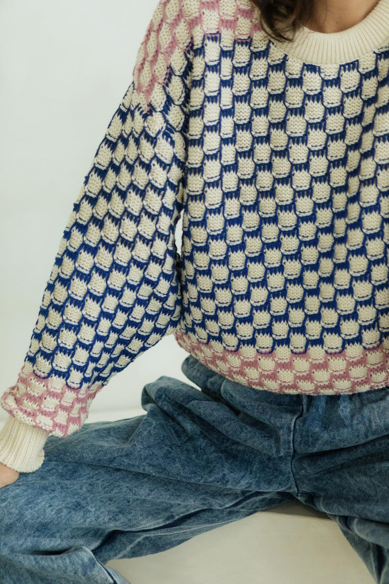 May include: A cream-colored sweater with a blue and cream checkerboard pattern, accented with pink trim on the cuffs and hem. The sweater has long sleeves and a crew neck. The person is wearing blue jeans.