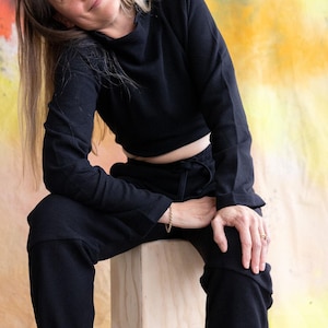 Acacia Top -Organic Cotton Knit Corduroy Top - High Neck crop sweater with texture Black