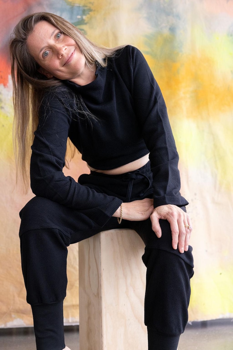 Acacia Top -Organic Cotton Knit Corduroy Top - High Neck crop sweater with texture Black