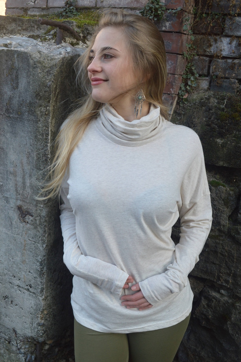 Organic Cotton turtleneck - High neck soft long sleeve - winter layer Heather Cream
