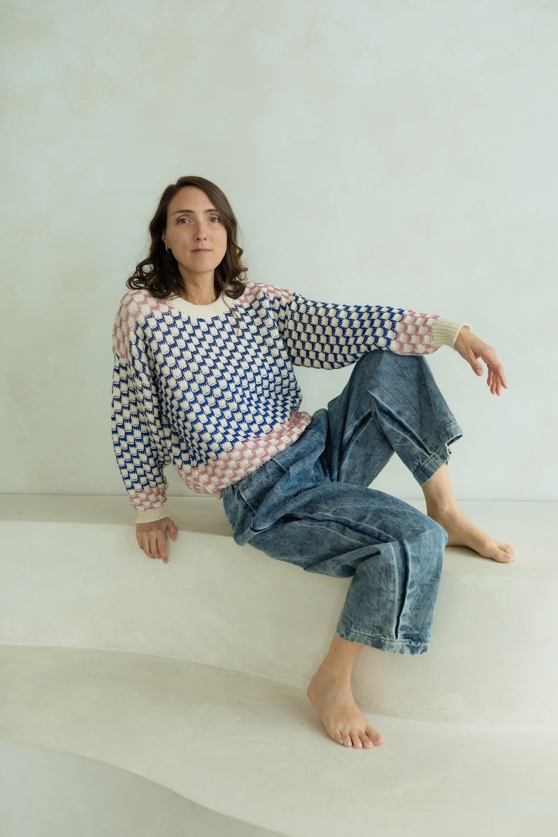 May include: A patterned sweater with a blue and white geometric design, accented with pink and cream details. The sweater is paired with blue denim jeans. The overall aesthetic is casual and comfortable.