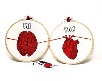 Double embroidery hoop with Anatomical Heart and Brain Embroidery Hoop - Wall Art - Valentine's Day Love Gift - Valentine's Day Gift