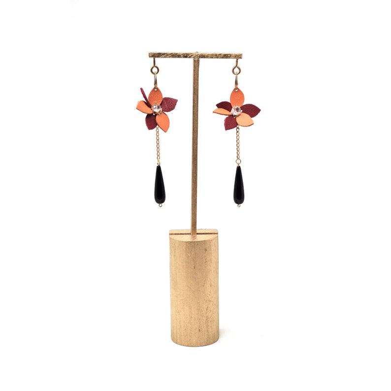 Personalized Leather Earrings Leather Jewels Orange and Red Leather Flower Earrings