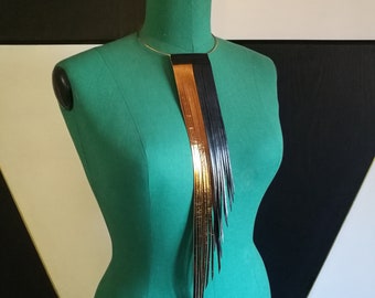 Gold and black Leather Fringe Necklace - Fringe Necklace - Leather Fringe Necklace - Gold and black Fringes - Layered Personalized Necklace