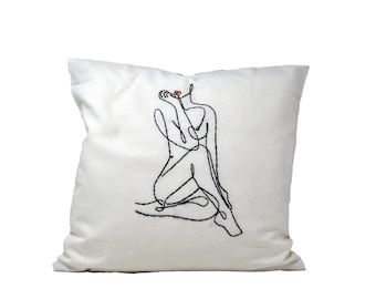 Line Art Pillow Cover | Hand embroidery Pillow | Decorative Pillow | Abstract One Line Face | Cotton Pillow | Kiss Pillow | Pillow Cover