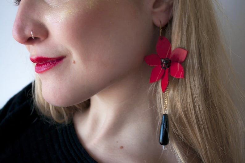 Personalized Leather Earrings Leather Jewels Orange and Red Leather Flower Earrings