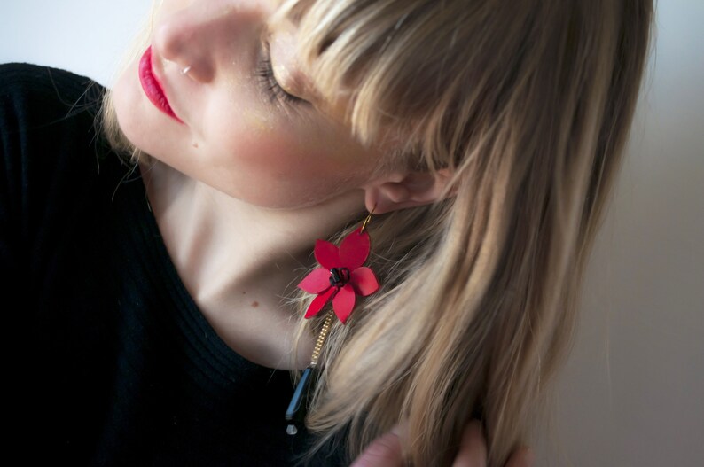 Personalized Leather Earrings Leather Jewels Orange and Red Leather Flower Earrings