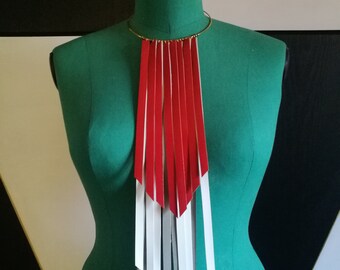 Red, white and Gray Fringe Necklace - Fringe Necklace - Leather Fringe Necklace - Red, white and Gray Fringes