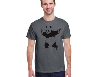 T-shirt gris Banksy panda art armes à feu drôles animaux mignons t-shirt graphique artiste ninja