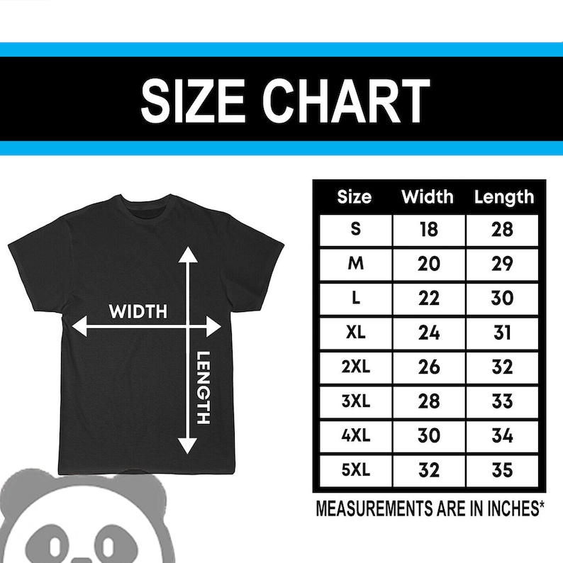 Pode incluir: Tabela de tamanhos para uma camiseta com medidas em polegadas. A tabela mostra a largura e o comprimento da camiseta em polegadas para os tamanhos S a 5XL.