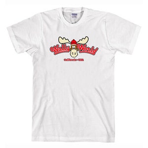 May include: White t-shirt with a red "Wally World" logo featuring a cartoon moose wearing a red hat. The text "California - USA" is below the logo.