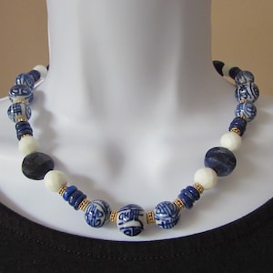 Hand Painted Porcelain Lapis Beaded Necklace: Asian Inspired Choker