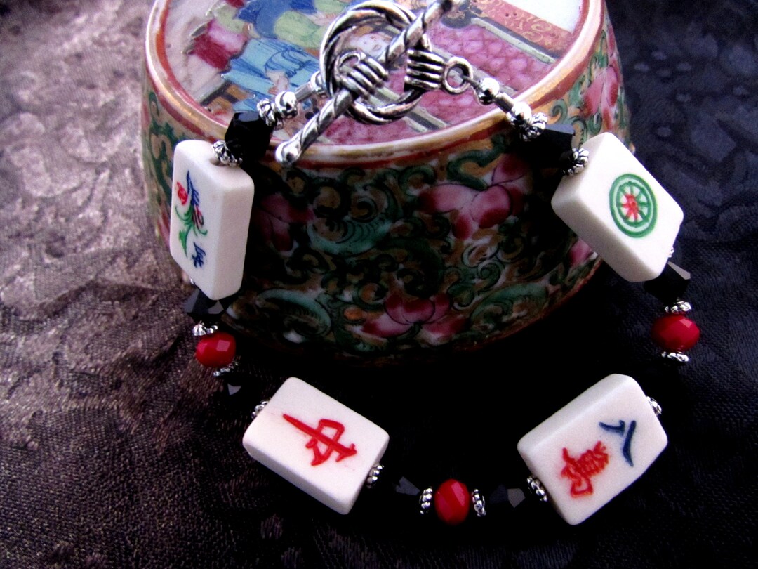 Mah Jong Bracelet Bone Tile Beads With Glass Beads and Silver Pewter