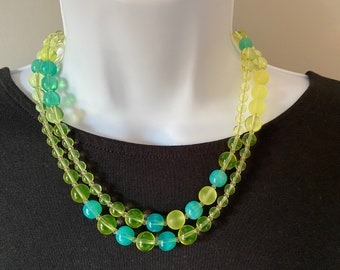 Vintage Czech Glass Bead Necklace: Yellow Green Flapper Jewelry