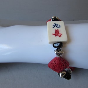 Mahjong Bracelet: Bone Tile, Cinnabar & Czech Glass Beads