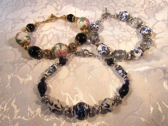 Hand Painted Porcelain Bead Bracelets: Vintage Cloisonné, Floral or Dragon