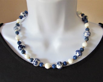 Hand Painted Porcelain Bead Necklace with Lapis and Antique White Glass, Asian Inspired Floral, Long Life Symbol Jewelry Gardener Gift