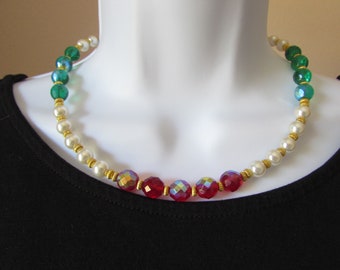 Pearl and Crystal Christmas Statement Necklace with Magnetic Clasp, Red and Green Versatile Winter Holiday Jewelry, Gift