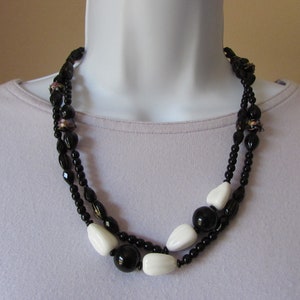 Vintage Czech Wedding Cake Bead Long Necklace: Black, White, and Gold Floral
