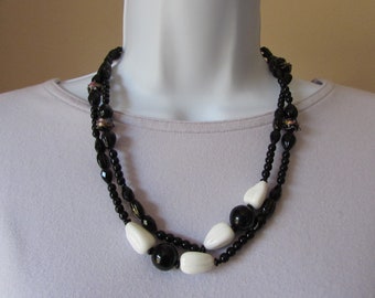 White and Black Long Necklace with Vintage Czech Wedding Cake Beads, Classic Versatile Floral Office Wear Statement Jewelry