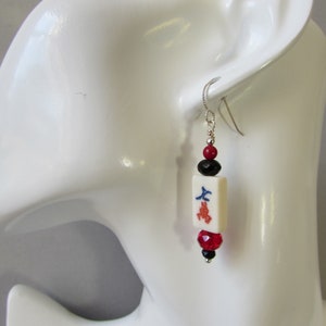 Mahjong Tile Earrings: Bone Seven Crack, Czech Glass & Crystal Beads