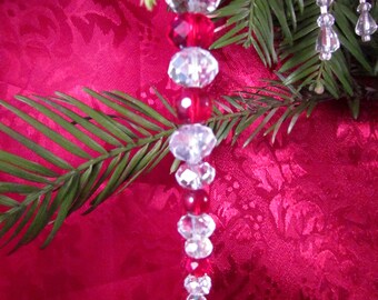 Red & Clear Glass Crystal Icicle Christmas Tree Ornament, Xmas Decor, Secret Santa, Teacher, Friend Gift, Sun Catcher, Necklace Drop