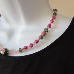 Vintage Cloisonne and Rose Quartz Floral Necklace, Pink Spring Organic Jewelry for  Everyday, Office Wear, Prom or Bridal, Gardener Gift