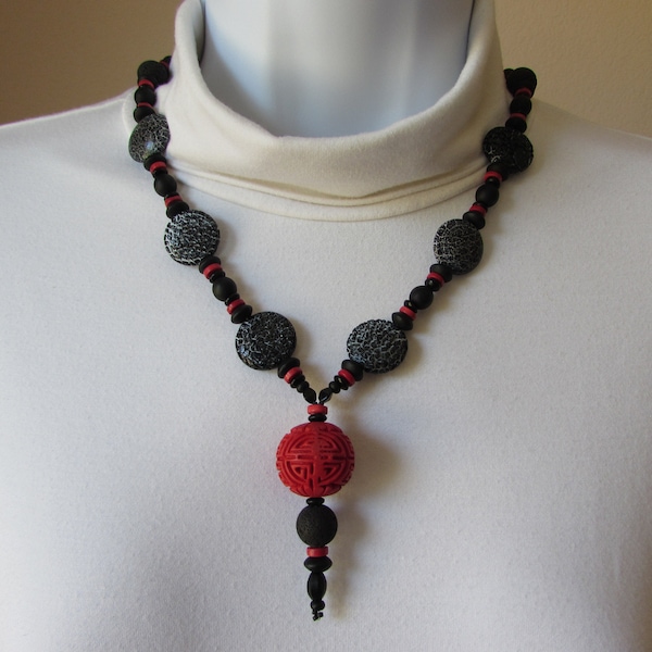 Red Cinnabar Pendant and Black Crackled Agate Necklace with Longevity Symbol,    Red Black & White Statement, Unique Office Wear Jewelry