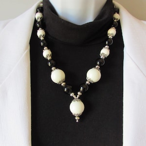 White Stone & Black Czech Glass Bead Pendant Necklace: Silver Pewter Accents