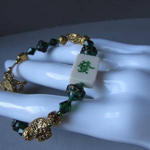 Mahjong Bracelet: Green Dragon Bone Tile, Crystal & Gold Beads