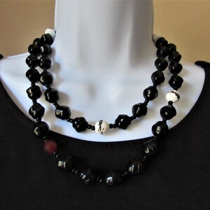 Hand Painted Porcelain Long Necklace: Carnelian, Czech Glass, Silver Pewter Clasp