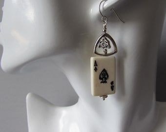 Ace of Spades Earrings: Hand Carved Bone Tile, Sterling Silver Wire