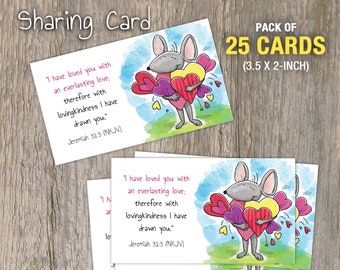 Sharing Cards (Pack of 25) "Mouse Holding Hearts" • Encouragement Scripture Card, (3.5x2-inch) Pocket Size, Forest Friends