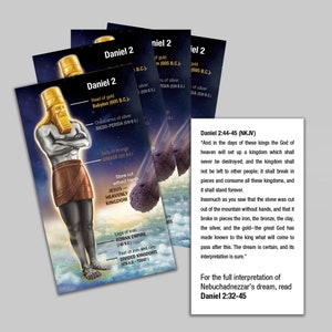 May include: A colorful illustration of a statue representing the biblical prophecy of Daniel 2. The statue is made of different materials, each representing a different kingdom. The text includes the scripture reference Daniel 2:44-45 (NKJV) and a call to read Daniel 2:32-45 for the full interpretation of Nebuchadnezzar's dream.