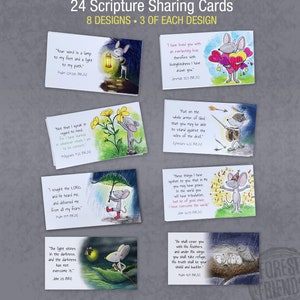 May include: Set of 24 scripture sharing cards featuring cute mouse illustrations and inspirational bible verses. Each card has a different design and includes a verse from the New King James Version (NKJV).