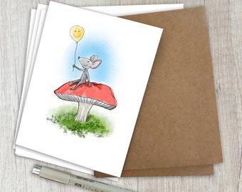 Mouse Holding Balloon (5)-Blank Greeting Cards - (4.25 x 5.5")  Cute, Generic Card for Birthdays or any occasion