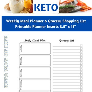 Weekly Keto Meal Planner & Grocery Shopping List Printable Planner Inserts  8.5&quot; x 11&quot; PDF Download