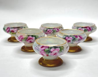 Vintage Hand Painted Porcelain Salt Cellars Set of 6 Pink Rose Gold Footed Bowls