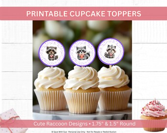 Printable Raccoon Cupcake Topper Stickers 1.5 & 1.75 Inch Kids Party Decor Valentines Day