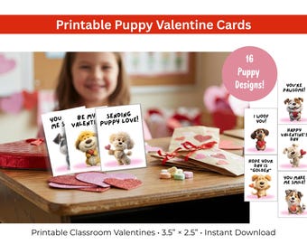 Printable Puppy Valentine Cards 3.5 x 2.5 Kids Classroom Mini Valentines Set of 16