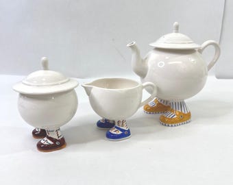Carlton Ware Walking Tea Set Teapot Sugar Bowl Creamer with Shoes 3 Piece Set