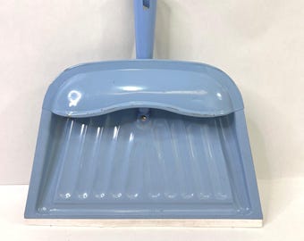 Vintage J.V. Reed Metal Dustpan Blue Hooded Rubber Edge Louisville KY USA Made