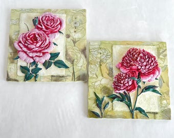 Richard A. Henson 3D Floral Wall Art Tiles Rose and Peony Signed Set of 2