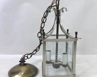 Vintage Progress Lighting Starburst Etched Glass Lantern Pendant MCM 3-Light