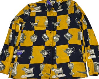 Vintage Crisca Silk Blouse Womens 36 Mustard Navy Novelty Print Made Italy