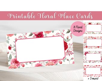 8 Printable Red Floral Place Cards Name Tags Folded Tent Food Table Labels PDF